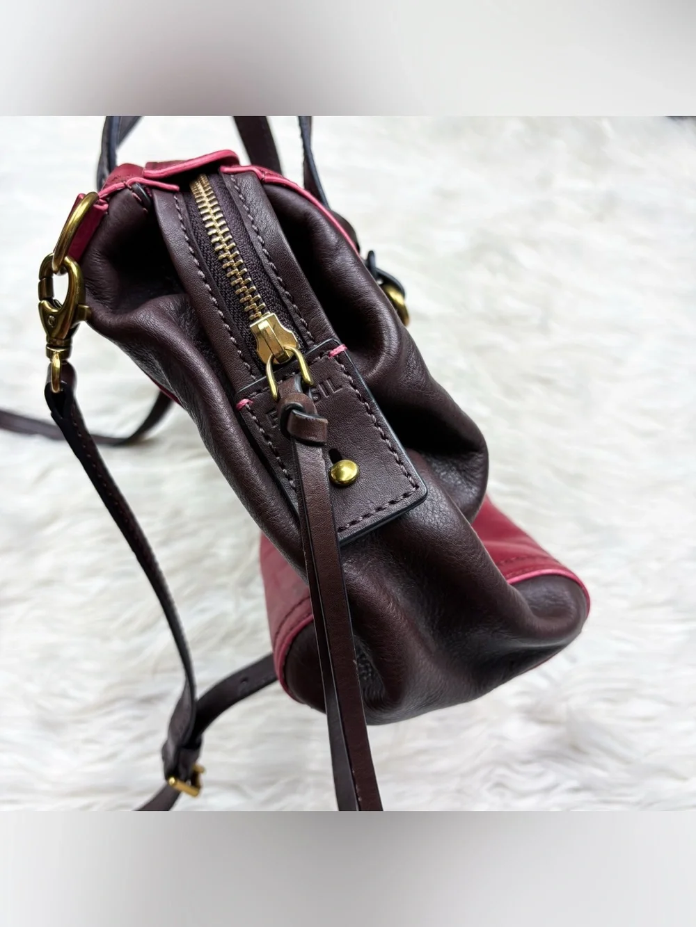 Fossil Emma Satchel Maroon Red Brown Cow Hide Leather Crossbody Bag Purse